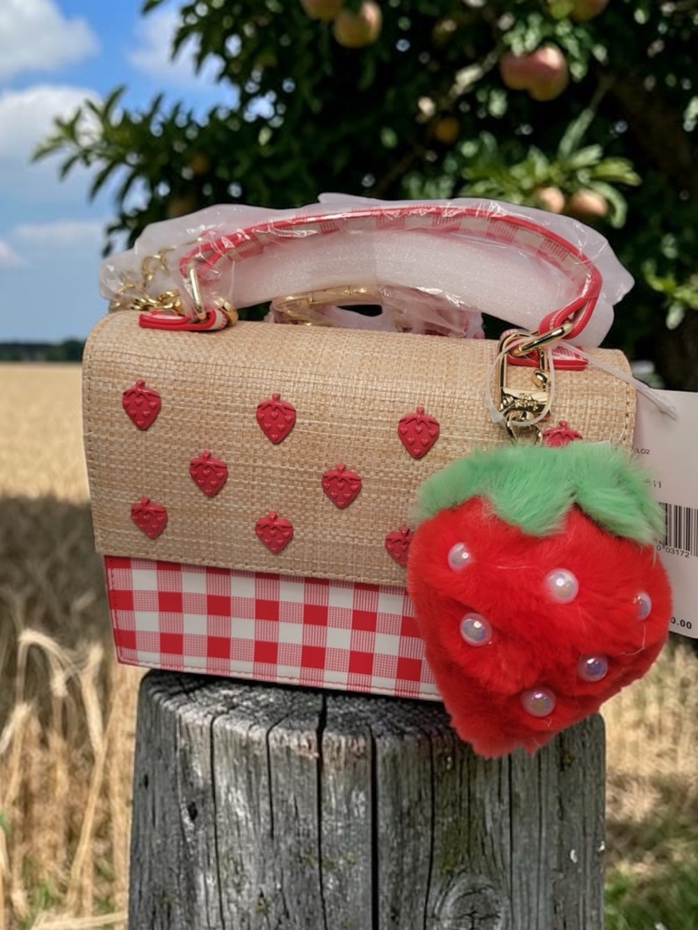 BETSEY Johnson strawberry gingham straw Crossbody bag NWT Red white picnic - Picture 7 of 13